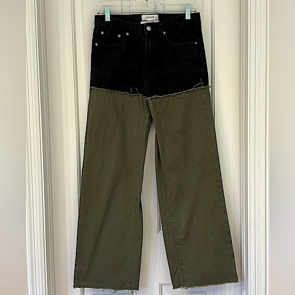 ZARA Women Premium Denim Collection City Worker Black & Green Frayed Hems Pants - Picture 9 of 15